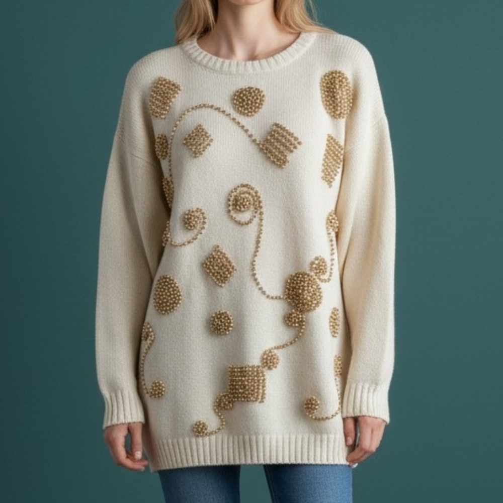 VTG 1980s JESSICA STEVENS Oversized Gold Beaded Holiday Grandpa Sweater